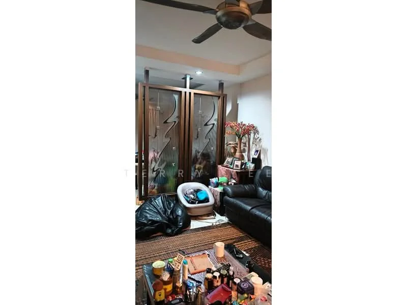 Living features: black leather sofa, 3-blade ceiling fan, decorative wall art, coffee table with various items, woven area rug, floor lamp, glass sliding doors, wooden flooring, potted plants, bean bag chair; style: modern.