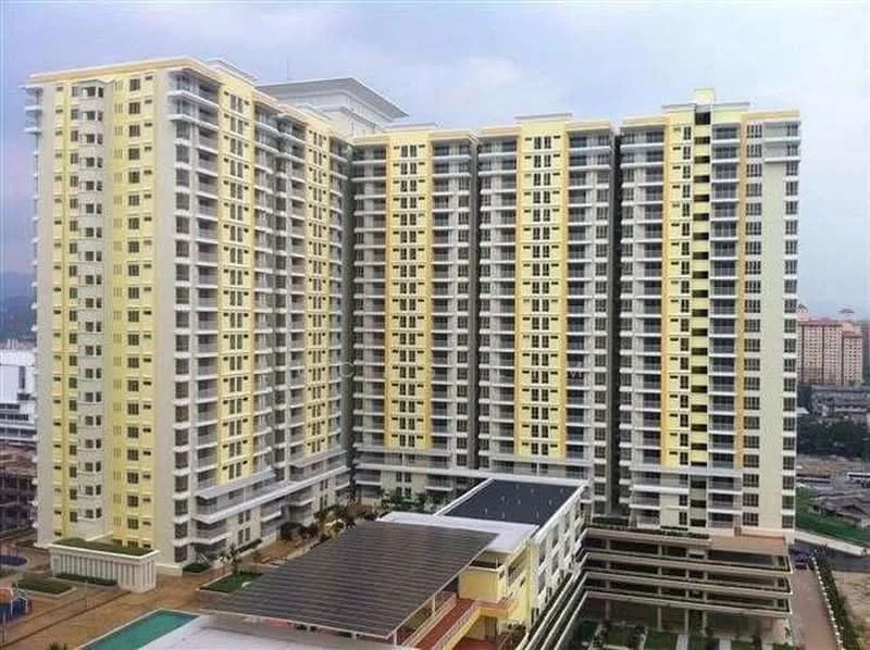 Exterior type: high-rise condominium; features: yellow painted facade, glass curtain wall, multiple balconies, swimming pool deck, landscaped garden area, parking deck, surrounded by urban development; style: modern.