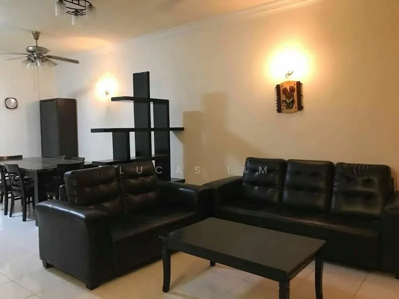 Living features: black leather sofa, 3-seater sofa, 2-seater sofa, coffee table, ceiling fan, recessed downlights, wall-mounted artwork, decorative wall shelf, cream painted walls, tile flooring; style: modern. Dining features: wood dining table, 4 dining chairs, cream painted walls, tile flooring; style: modern.