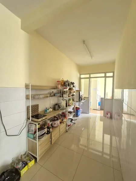 Kitchen features: white painted walls, glossy tile flooring, open shelving unit, various kitchen appliances, sink, window with natural light, countertop space, multiple storage containers.