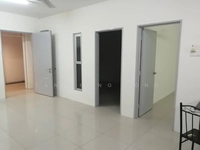 Room features: white painted walls, glossy tile flooring, three doors, one window, ceiling light fixture, neutral color scheme, open layout, no visible furniture; style: modern.