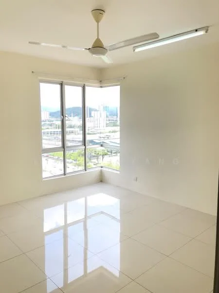 Room features: white painted walls, glossy white tile flooring, 5-blade ceiling fan with light, floor-to-ceiling windows, city view, natural light, no visible furniture, neutral color scheme; style: modern; view: city.