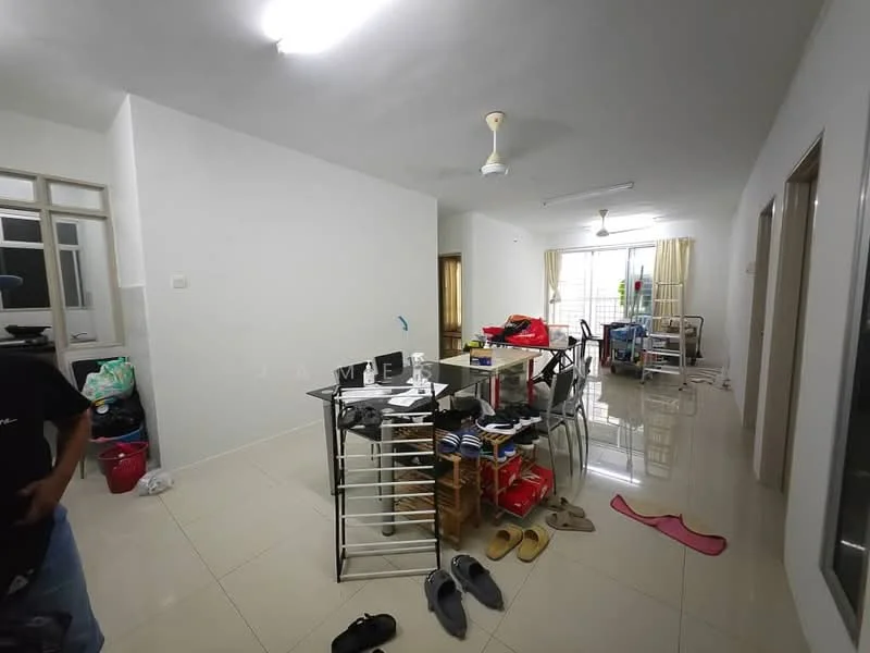 Living features: white painted walls, glossy tile flooring, ceiling fan, dining table with metal frame, plastic dining chairs, shoe rack, various shoes on the floor, window with sheer curtains, light coming from window, open layout, cluttered space.