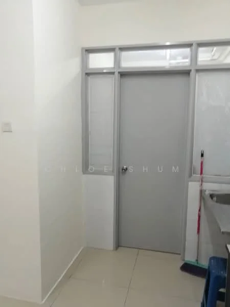 Room features: white painted walls, grey door, tile flooring, window with frosted glass, cleaning supplies visible, sink with countertop.