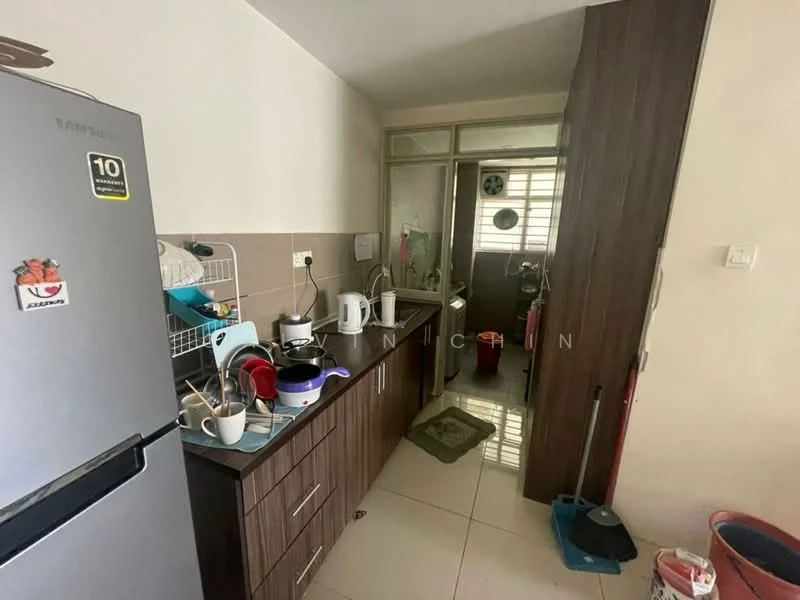 Kitchen features: stainless-steel fridge, brown wooden cabinetry, white countertop, ceramic tile flooring, wall-mounted shelf, sink, kettle, toaster, dish rack, cleaning supplies, window, door to utility area; style: modern.