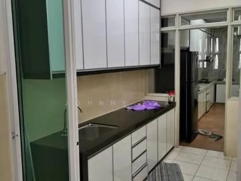 Kitchen features: black countertop, white cabinetry with flat-panel doors, stainless-steel sink, single-bowl sink, chrome faucet, tile flooring, wall-mounted cabinets, open shelving, refrigerator, kitchen appliances visible in background; style: modern.