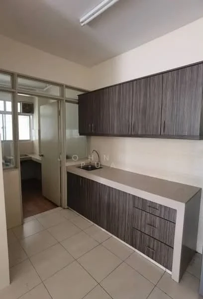 Kitchen features: laminate cabinetry in dark wood finish, white countertop, single-bowl stainless-steel sink, chrome pull-down faucet, tile flooring, wall-mounted cabinets, under-cabinet lighting, window with natural light, open layout to adjacent room; style: modern. Room features: tile flooring, wall with window, doorway leading to another room.