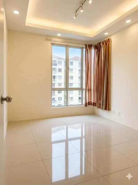 Room features: white painted walls, glossy tile flooring, tray ceiling with recessed lighting, floor-to-ceiling windows, curtains with a striped pattern, natural light from window, neutral color scheme, no visible furniture; style: modern.