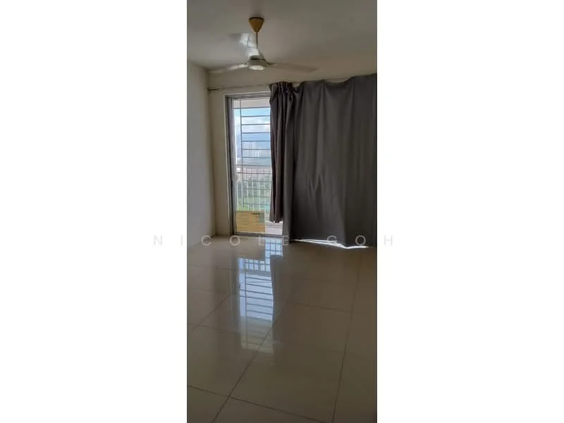 Room features: white painted walls, glossy tile flooring, ceiling fan, floor-to-ceiling windows, curtains, balcony door, natural light, view of the outside.
