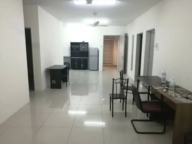 Room features: white painted walls, glossy tile flooring, ceiling lights, 5-blade ceiling fan, kitchenette area with cabinets, stainless-steel fridge, dining table with chairs, study desk with chair, staircase visible in background; style: modern.