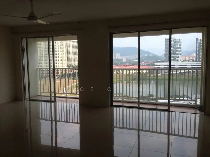 Living features: large sliding glass doors, floor-to-ceiling windows, white walls, polished tile flooring, ceiling fan, balcony access, city view, mountain view, reflected light from windows; style: modern; view: city.