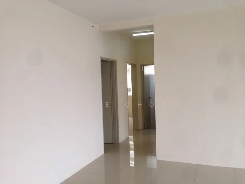 Room features: white painted walls, glossy tile flooring, doorway leading to another room, doorway leading to bathroom, ceiling light fixture.