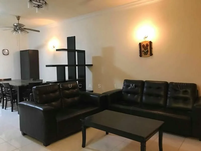 Living features: black leather 3-seater sofa, black leather 2-seater sofa, black coffee table, ceiling fan, wall-mounted decorative artwork, wall sconces, light-colored painted walls, tile flooring, open shelving unit, dining table with chairs visible in background; style: contemporary.