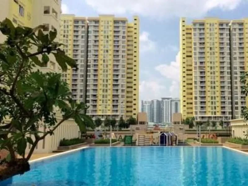 Exterior type: high-rise condominium; features: infinity pool, surrounding landscaped gardens, two high-rise buildings, pool deck with loungers, children's playground, water features, manicured lawns, urban skyline in background; style: modern.