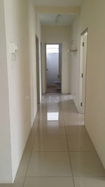 Hallway features: white painted walls, glossy ceramic tile flooring, ceiling light fixture, doorways leading to other rooms, natural light from windows, neutral color scheme; style: modern.