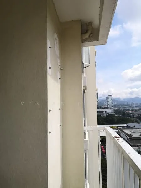 Room features: balcony, white painted walls, metal railing, city view, floor-to-ceiling windows; view: city.