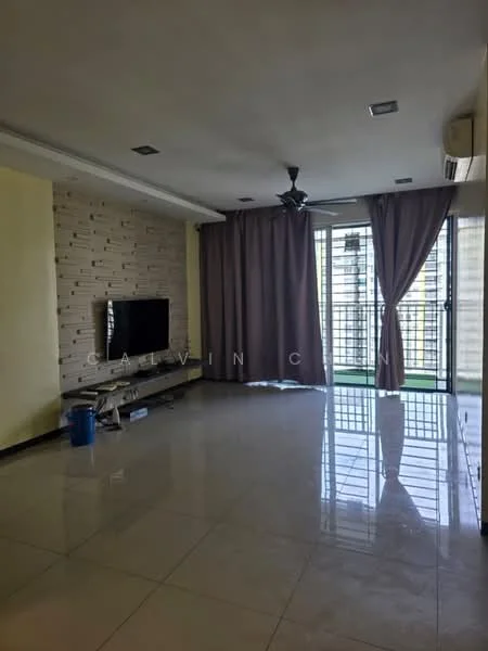 Living features: cream painted walls, feature wall with wooden panels, glossy tile flooring, 5-blade ceiling fan, wall-mounted TV, sliding glass door, floor-to-ceiling windows, curtains, air conditioning unit, open layout; style: modern; view: garden.