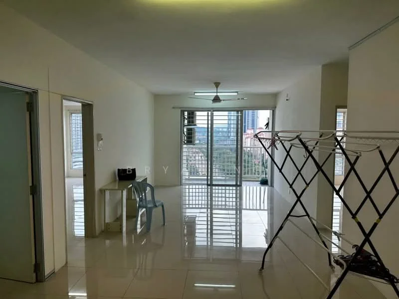 Room features: white painted walls, glossy tile flooring, ceiling light, floor-to-ceiling windows, sliding glass door, balcony access, foldable drying rack, plastic chair, small table, view of city skyline; style: modern; view: city.