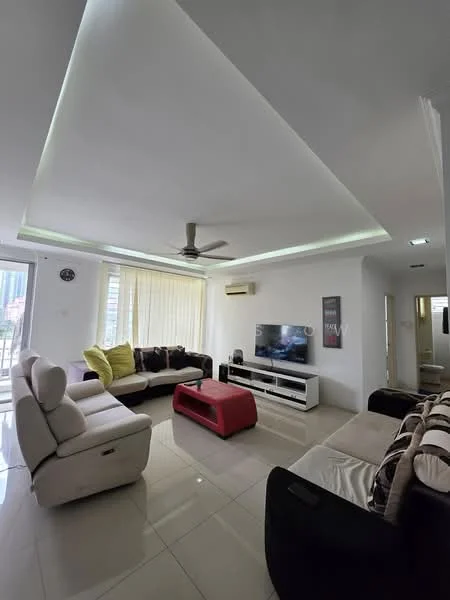 Living features: white painted walls, tray ceiling with recessed lighting, large windows with sheer curtains, floor-to-ceiling windows, ceramic tile flooring, 3-seater fabric sofa in grey, 2-seater leather sofa, coffee table in red, TV console in white, wall-mounted TV, ceiling fan, air conditioning unit; style: modern; view: city.