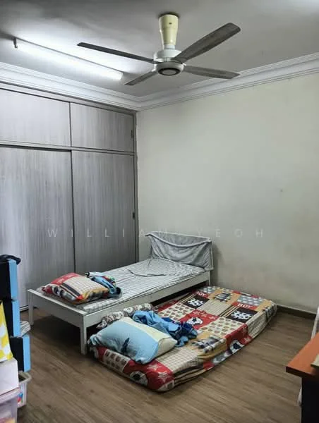Bedroom features: wooden flooring, white painted walls, ceiling fan, single bed, mattress on floor, built-in wardrobe, decorative bedding, window with natural light.