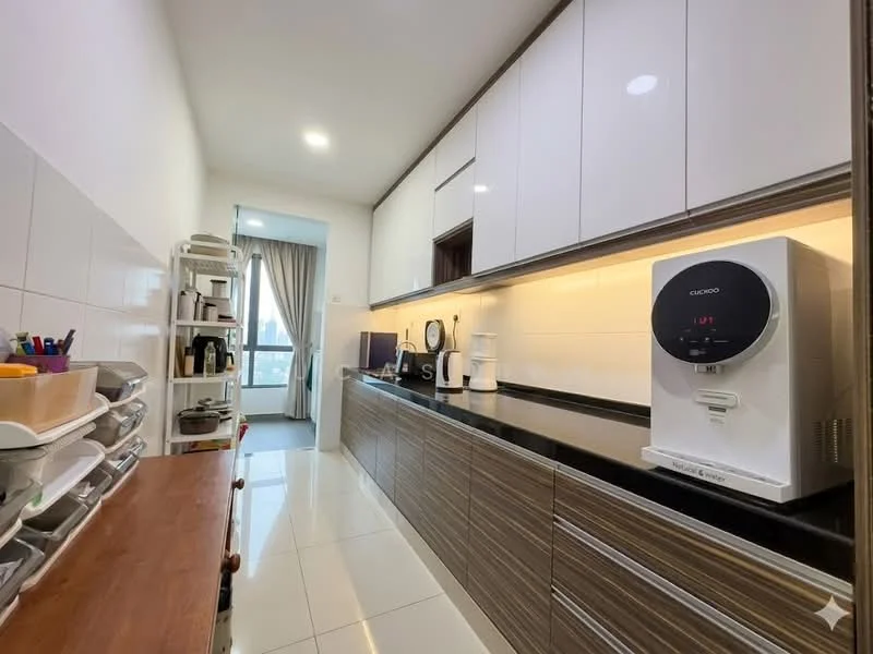Kitchen features: white high-gloss cabinetry, brown wood lower cabinets, black granite countertop, built-in water dispenser, stainless-steel kettle, microwave, open shelving, ceramic tile flooring, recessed downlights, window with sheer curtains, view of city skyline; style: modern; view: city.