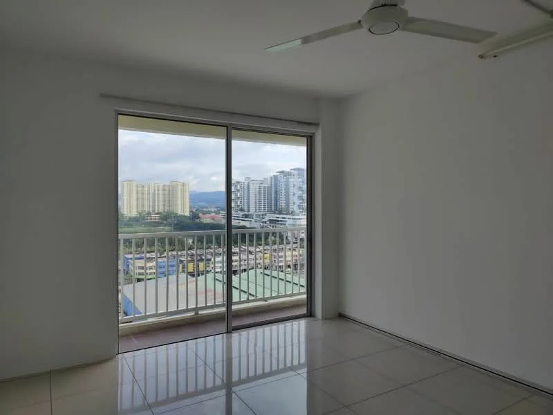 Room features: white painted walls, glossy tile flooring, floor-to-ceiling sliding glass door, ceiling fan, city view, natural light from large window; style: modern; view: city.