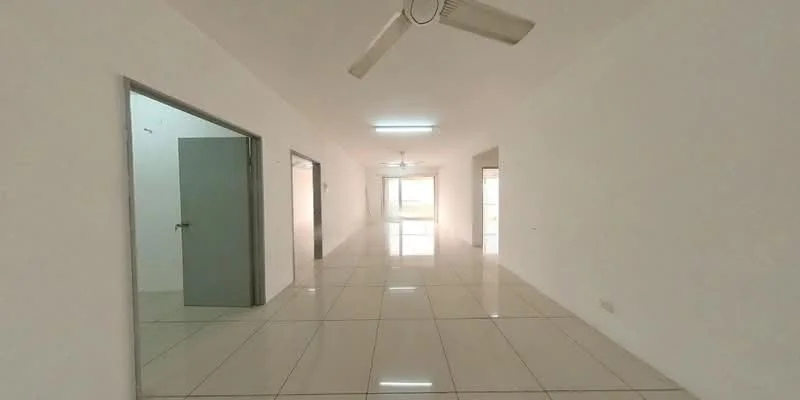 Room features: white painted walls, glossy ceramic tile flooring, ceiling fan, recessed ceiling lights, multiple doorways, large windows, neutral color scheme, open layout; style: modern.