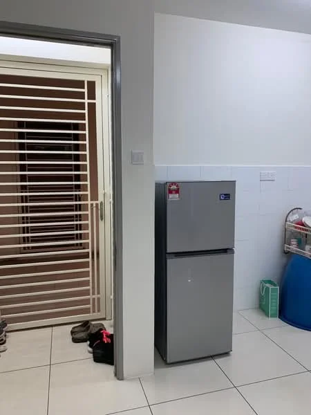 Room features: grey refrigerator, white tiled flooring, white tiled walls, metal security grille door, shoe rack, plastic storage container, blue bin; style: modern.