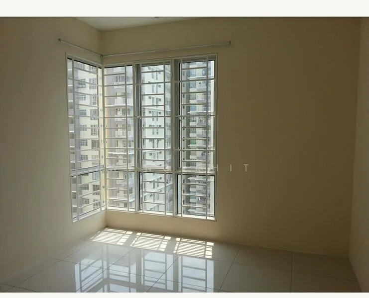 Room features: white painted walls, glossy white tile flooring, floor-to-ceiling windows, window treatments with horizontal slats, natural light from windows, city view from windows; style: modern; view: city.