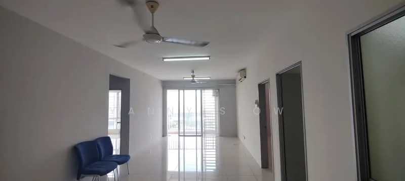 Living features: white painted walls, glossy tile flooring, 5-blade ceiling fan with light, recessed LED downlights, floor-to-ceiling windows, sliding glass door, air conditioning unit, two blue upholstered chairs; style: modern; view: city.
