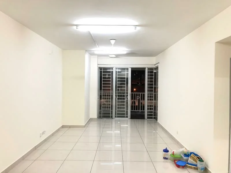 Living features: white painted walls, glossy ceramic tile flooring, recessed downlights, sliding glass door, floor-to-ceiling windows, balcony access, neutral color palette, open layout; style: modern; view: city.