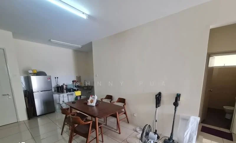 Kitchen features: stainless-steel fridge, built-in cabinets, table with four wooden chairs, ceramic tile flooring, white painted walls, kitchen appliances on countertop, wall-mounted light fixture, open layout to living area; style: modern. Room features: doorway leading to bathroom, vacuum cleaner, flooring continues from kitchen.