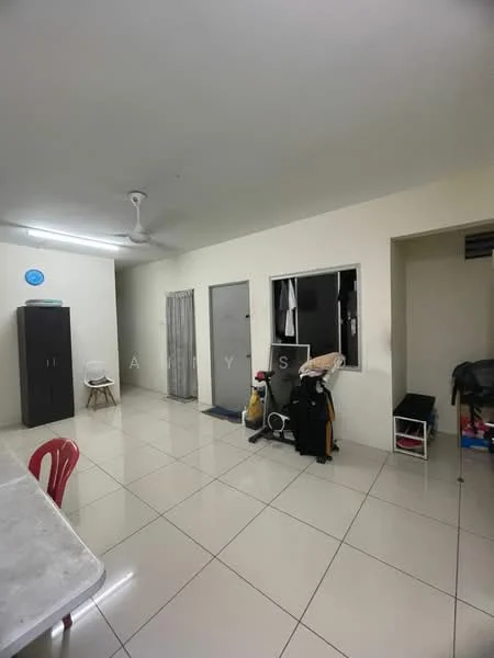 Room features: white painted walls, glossy tile flooring, ceiling fan, window with white curtains, metal door, storage cabinet, plastic chair, clothing rack, small black storage unit, dining table, red plastic chair; style: minimalist.