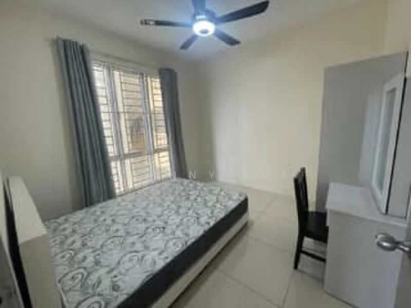 Bedroom features: queen-size bed, upholstered headboard, ceiling fan with light, floor-to-ceiling windows, grey curtains, white walls, tile flooring, study desk, black chair, white dresser; style: modern.