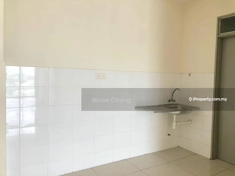 Kitchen features: white tiled walls, white ceramic floor tiles, stainless-steel sink, wall-mounted faucet, single countertop, no cabinetry, no appliances visible, natural light from window.