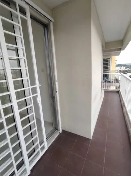 Room features: sliding glass door, white metal grille, tiled flooring, balcony railing, exterior wall, neutral wall colour, open space, city view; style: modern; view: city.