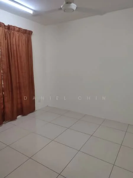 Room features: white painted walls, cream tiled flooring, brown curtains, ceiling fan.