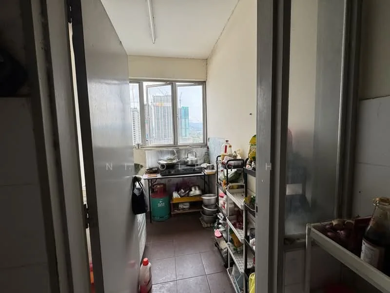 Kitchen features: white walls, tile flooring, single-bowl stainless-steel sink, chrome pull-down faucet, built-in gas stove, exhaust hood, open shelving, various cooking utensils, multiple pots and pans, window with city view, refrigerator, storage shelves, countertop workspace; view: city.