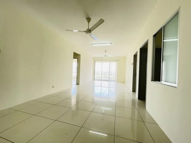 Living features: white painted walls, glossy ceramic tile flooring, 5-blade ceiling fan, recessed LED downlights, large windows, sliding glass door, open layout, natural light; style: modern; view: city.
