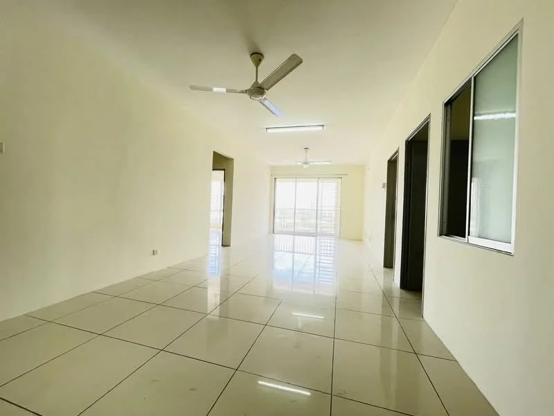 Living features: white painted walls, glossy ceramic tile flooring, 5-blade ceiling fan, recessed LED downlights, large sliding glass door, floor-to-ceiling windows, natural light from windows, open layout; style: modern; view: city.