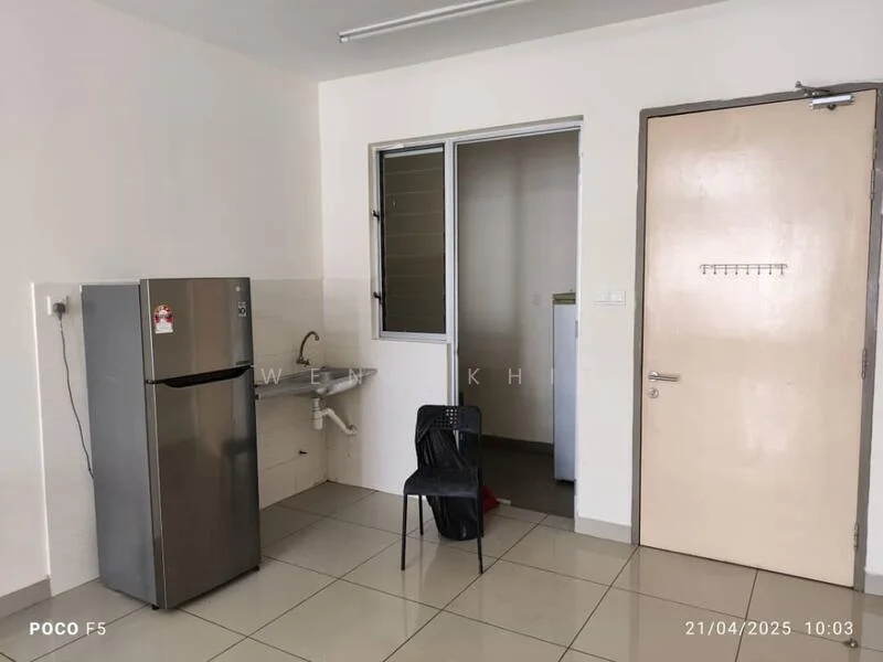 Room features: stainless-steel fridge, single-bowl sink, white walls, tile flooring, window, door, black chair.