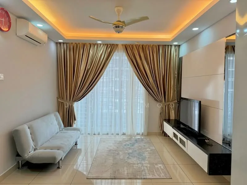 Living features: grey fabric 3-seater sofa, white wall-mounted TV console, black TV cabinet, light-colored area rug with floral pattern, floor-to-ceiling windows with sheer curtains, cream curtains, recessed LED downlights, ceiling fan with light, cream painted walls, glossy tile flooring; style: modern; view: city.