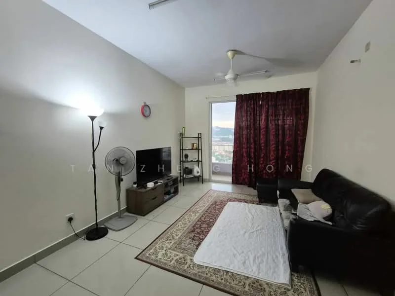 Living features: 3-seater leather sofa, coffee table, wall-mounted TV, floor lamp, ceiling fan, curtains with floral pattern, tile flooring, decorative rug, sliding glass door, view of city skyline; style: modern; view: city.