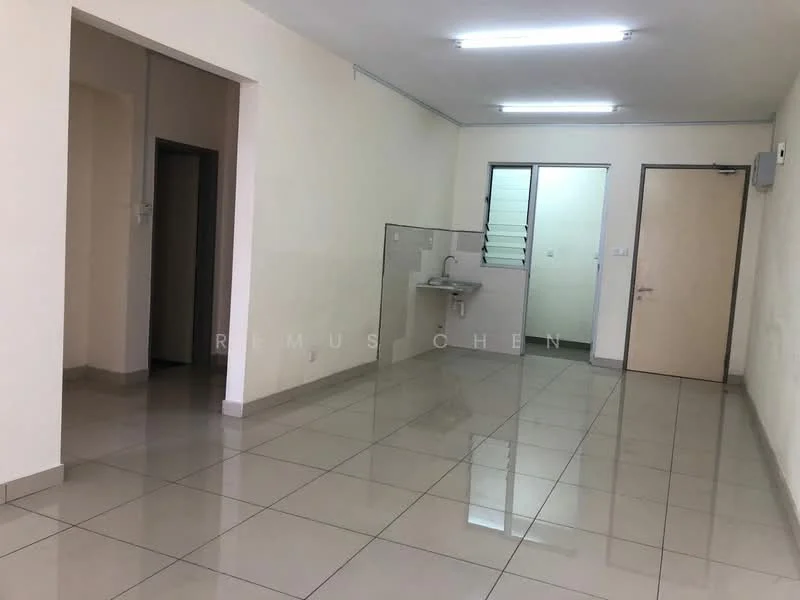 Room features: cream painted walls, glossy ceramic tile flooring, fluorescent ceiling lights, open layout, partition wall, sink with faucet, door leading to another room, large windows, neutral color scheme; style: modern.