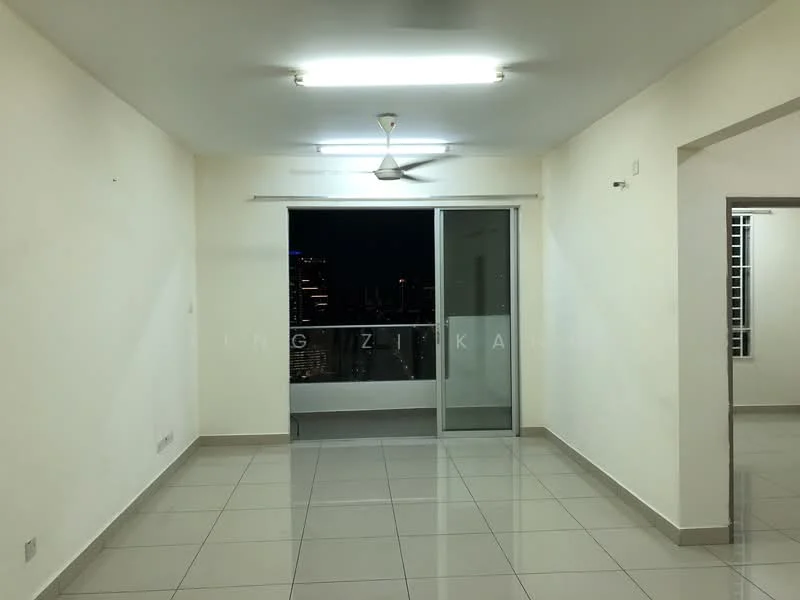 Living features: white painted walls, polished ceramic tile flooring, 5-blade ceiling fan with light, floor-to-ceiling sliding glass door, balcony view, recessed lighting, neutral color scheme, open layout; style: modern; view: city.