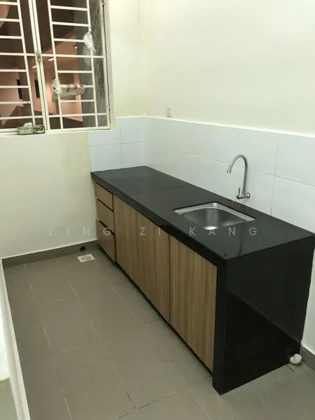 Kitchen features: black countertop, single-bowl stainless-steel sink, chrome pull-down faucet, wood cabinetry, white tiled backsplash, grey ceramic tile flooring, window with security bars; style: modern.