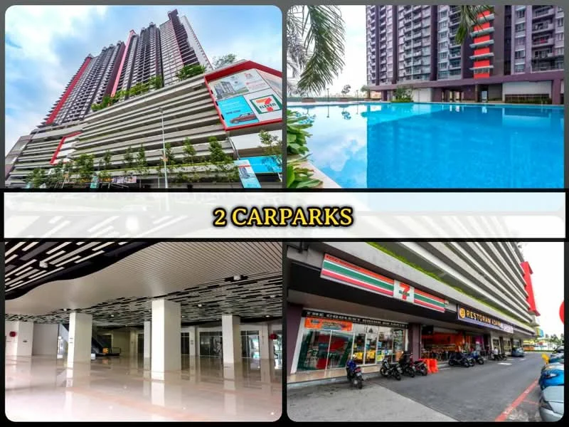 Exterior type: high-rise condominium; features: glass curtain wall, projecting balconies, infinity pool, pool deck with loungers, manicured landscaping, multi-storey car park, double-volume main lobby, marble flooring at entrance, 7-Eleven convenience store, security guard house at entrance; style: modern.