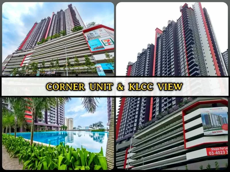 Exterior type: high-rise condominium; features: glass curtain wall, red accent panels, multiple recessed balconies, swimming pool deck, landscaped garden with palm trees, manicured lawn, children's playground, jogging track, CCTV cameras visible, gated entry, double-volume main lobby, surrounded by mature greenery; style: modern.