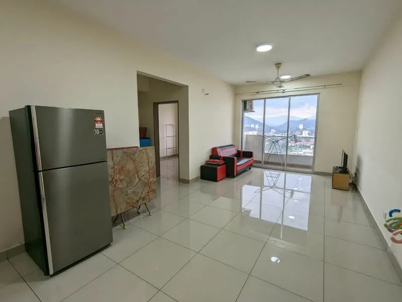 Living features: large floor-to-ceiling sliding glass door, grey tiled flooring, white painted walls, ceiling fan with light, 2-seater black leather sofa, 1-seater red fabric sofa, TV console, wall-mounted TV, decorative wall unit, mountain view from window; style: modern; view: mountain. Kitchen features: stainless-steel fridge, marble-patterned kitchen island, open layout to living area; style: modern.