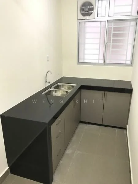 Kitchen features: single-bowl stainless-steel sink, chrome pull-down faucet, black granite countertop, grey cabinetry with flat-panel doors, under-cabinet storage, tile flooring, window with horizontal bars, wall-mounted exhaust fan; style: modern.